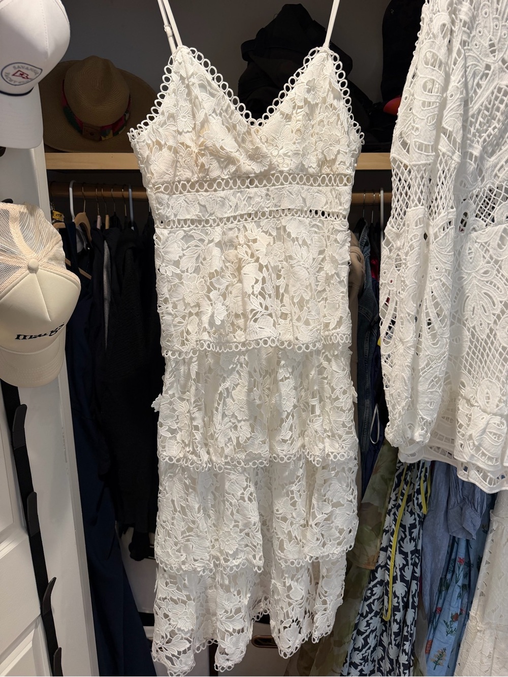 Just Me Elegant White Lace Tiered Midi Dress - Womens